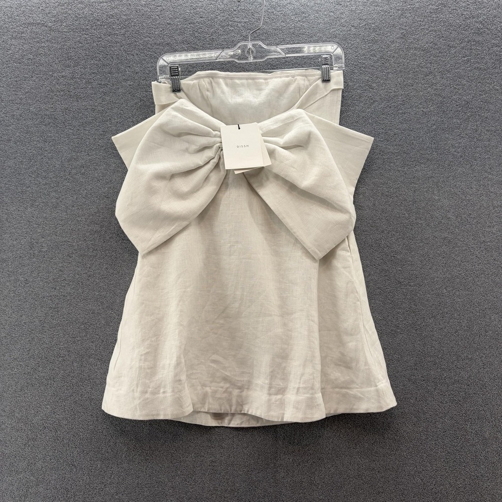 DISSH Dress 6 White Linen Strapless Back Bow A Line Mini Bridal Summer Wedding